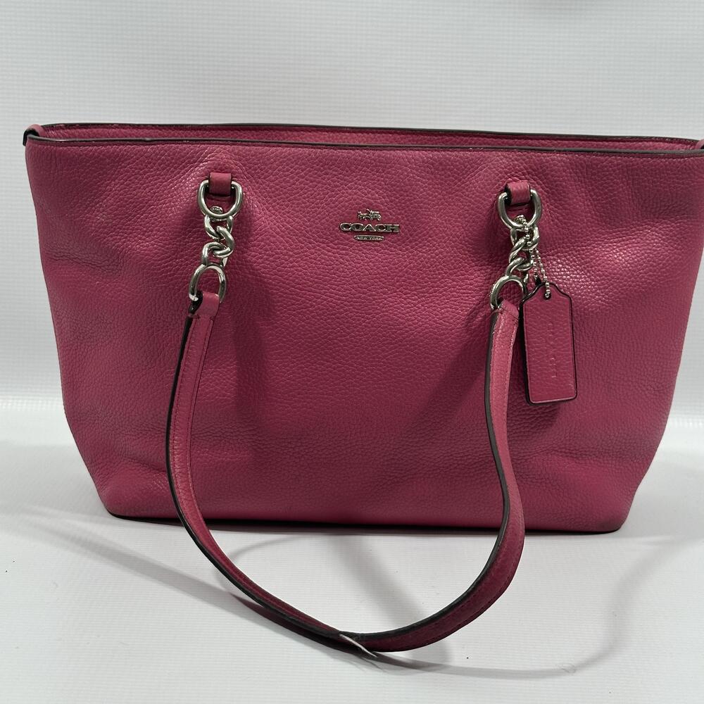 Coach Hand Bag Womens Large Pink Leather Zip Top Chain Strap Shoulder Purse